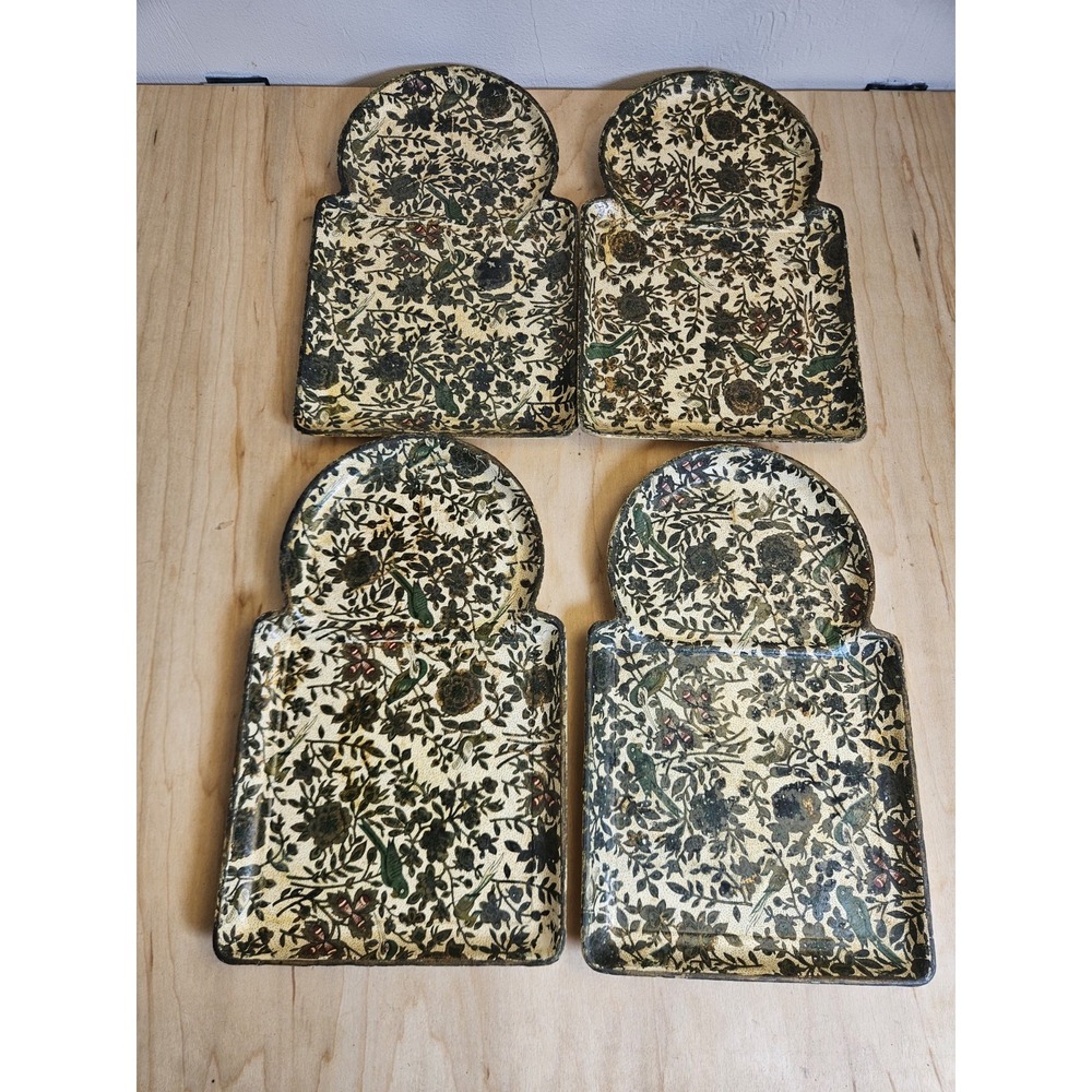 Vintage Mid Century Japanese Paper Mache Snack Trays Set 4 Floral Birds Knobler